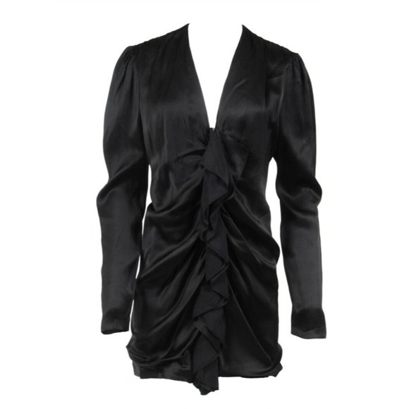 Saint Laurent Womens Ruffle Front Zipped Mini Dress Size F40 Black Viscose Hedi - Picture 1 of 15